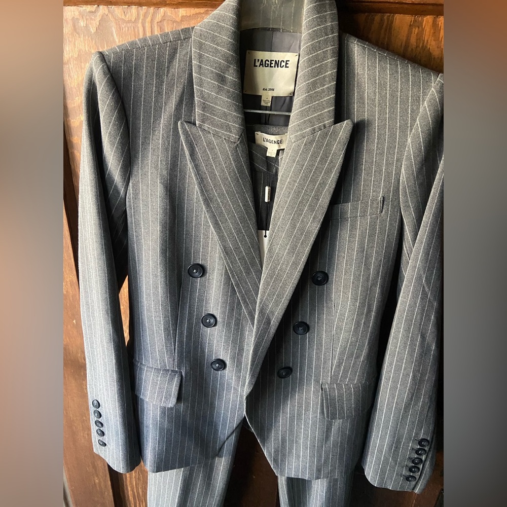 L’Agence 2pc.Kenzie Double Breasted Blazer& Slacks In Soft Grey/White pinstripes
